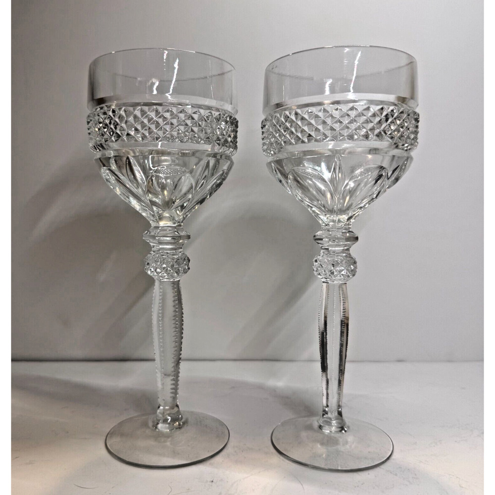 2 Cut Fine Crystal Wine Glass Beaded Stem RIEKES-CRISA Williamsburg 8” H EUC